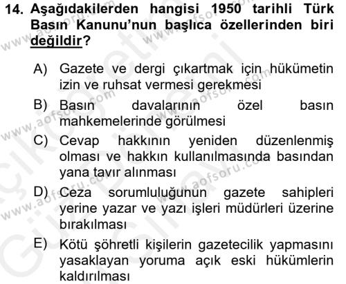 Türk Basın Tarihi Dersi 2017 - 2018 Yılı (Final) Dönem Sonu Sınavı 14. Soru