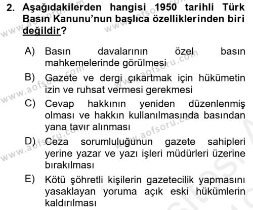 Türk Basın Tarihi Dersi 2018 - 2019 Yılı (Final) Dönem Sonu Sınavı 2. Soru