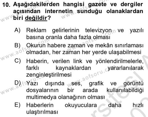 Türk Basın Tarihi Dersi 2020 - 2021 Yılı Yaz Okulu Sınavı 10. Soru