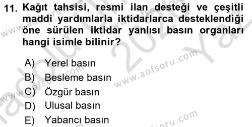 Türk Basın Tarihi Dersi 2020 - 2021 Yılı Yaz Okulu Sınavı 11. Soru