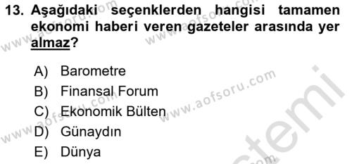 Türk Basın Tarihi Dersi 2020 - 2021 Yılı Yaz Okulu Sınavı 13. Soru