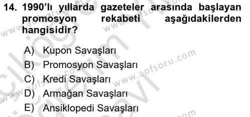 Türk Basın Tarihi Dersi 2020 - 2021 Yılı Yaz Okulu Sınavı 14. Soru