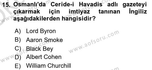 Türk Basın Tarihi Dersi 2020 - 2021 Yılı Yaz Okulu Sınavı 15. Soru