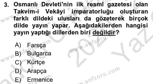 Türk Basın Tarihi Dersi 2020 - 2021 Yılı Yaz Okulu Sınavı 3. Soru