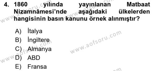 Türk Basın Tarihi Dersi 2020 - 2021 Yılı Yaz Okulu Sınavı 4. Soru