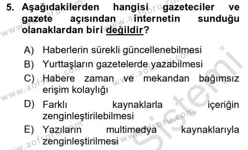 Türk Basın Tarihi Dersi 2020 - 2021 Yılı Yaz Okulu Sınavı 5. Soru