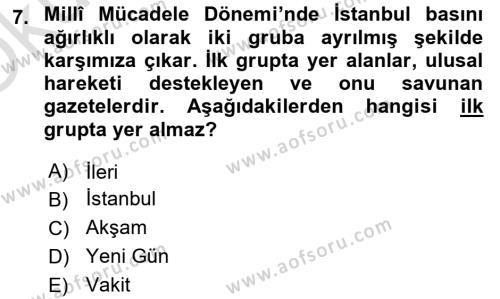 Türk Basın Tarihi Dersi 2020 - 2021 Yılı Yaz Okulu Sınavı 7. Soru