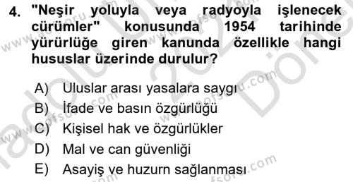 Türk Basın Tarihi Dersi 2021 - 2022 Yılı (Final) Dönem Sonu Sınavı 4. Soru