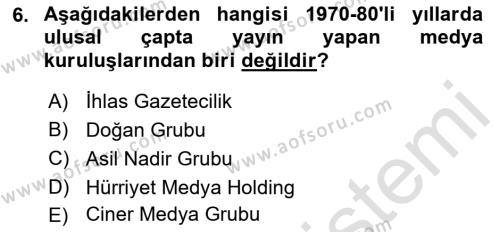 Türk Basın Tarihi Dersi 2021 - 2022 Yılı (Final) Dönem Sonu Sınavı 6. Soru