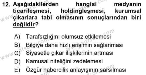 Türk Basın Tarihi Dersi 2021 - 2022 Yılı Yaz Okulu Sınavı 12. Soru