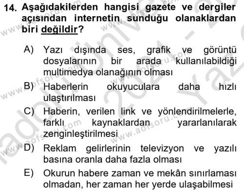 Türk Basın Tarihi Dersi 2021 - 2022 Yılı Yaz Okulu Sınavı 14. Soru