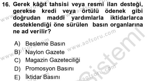 Türk Basın Tarihi Dersi 2021 - 2022 Yılı Yaz Okulu Sınavı 16. Soru