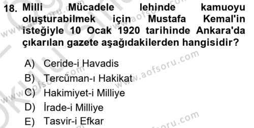 Türk Basın Tarihi Dersi 2021 - 2022 Yılı Yaz Okulu Sınavı 18. Soru