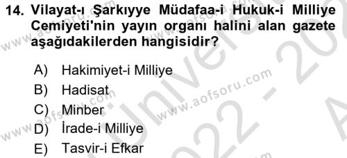 Türk Basın Tarihi Dersi 2022 - 2023 Yılı (Vize) Ara Sınavı 14. Soru