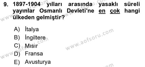 Türk Basın Tarihi Dersi 2022 - 2023 Yılı (Vize) Ara Sınavı 9. Soru