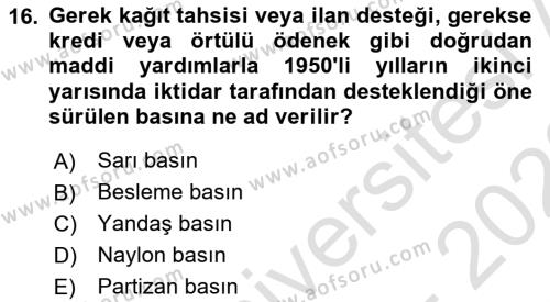 Türk Basın Tarihi Dersi 2022 - 2023 Yılı (Final) Dönem Sonu Sınavı 16. Soru