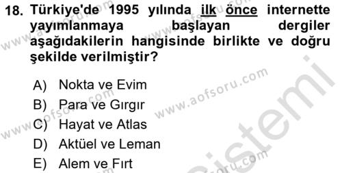 Türk Basın Tarihi Dersi 2022 - 2023 Yılı (Final) Dönem Sonu Sınavı 18. Soru