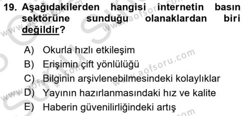 Türk Basın Tarihi Dersi 2022 - 2023 Yılı (Final) Dönem Sonu Sınavı 19. Soru