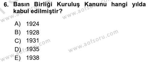 Türk Basın Tarihi Dersi 2022 - 2023 Yılı (Final) Dönem Sonu Sınavı 6. Soru