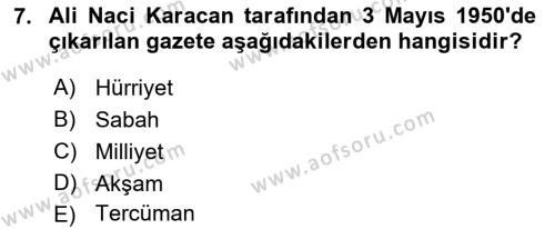 Türk Basın Tarihi Dersi 2022 - 2023 Yılı (Final) Dönem Sonu Sınavı 7. Soru