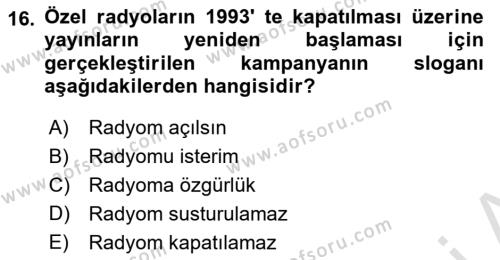 Türk Basın Tarihi Dersi 2022 - 2023 Yılı Yaz Okulu Sınavı 16. Soru