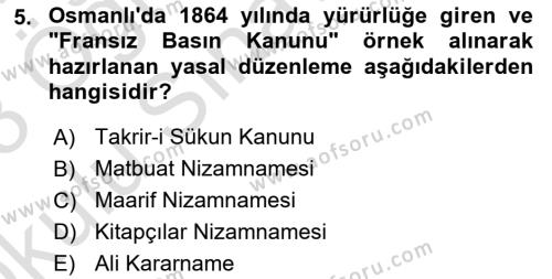 Türk Basın Tarihi Dersi 2022 - 2023 Yılı Yaz Okulu Sınavı 5. Soru