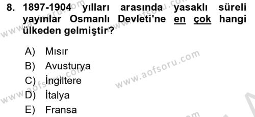 Türk Basın Tarihi Dersi 2022 - 2023 Yılı Yaz Okulu Sınavı 8. Soru