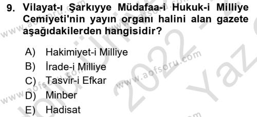 Türk Basın Tarihi Dersi 2022 - 2023 Yılı Yaz Okulu Sınavı 9. Soru