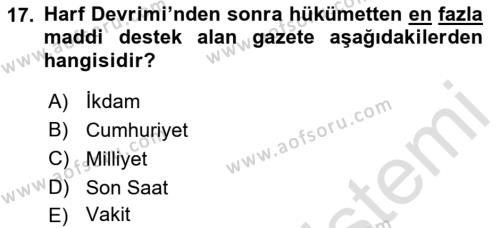 Türk Basın Tarihi Dersi 2023 - 2024 Yılı (Vize) Ara Sınavı 17. Soru