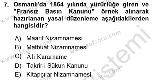 Türk Basın Tarihi Dersi 2023 - 2024 Yılı (Vize) Ara Sınavı 7. Soru