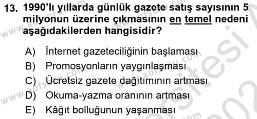 Türk Basın Tarihi Dersi 2023 - 2024 Yılı (Final) Dönem Sonu Sınavı 13. Soru