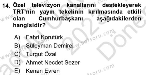 Türk Basın Tarihi Dersi 2023 - 2024 Yılı (Final) Dönem Sonu Sınavı 14. Soru