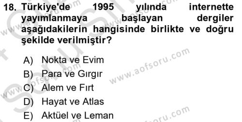 Türk Basın Tarihi Dersi 2023 - 2024 Yılı (Final) Dönem Sonu Sınavı 18. Soru