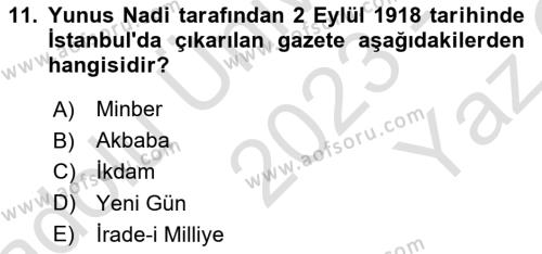 Türk Basın Tarihi Dersi 2023 - 2024 Yılı Yaz Okulu Sınavı 11. Soru