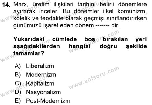 Tarih Felsefesi Dersi 2022 - 2023 Yılı Yaz Okulu Sınavı 14. Soru