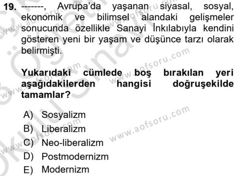 Tarih Felsefesi Dersi 2022 - 2023 Yılı Yaz Okulu Sınavı 19. Soru