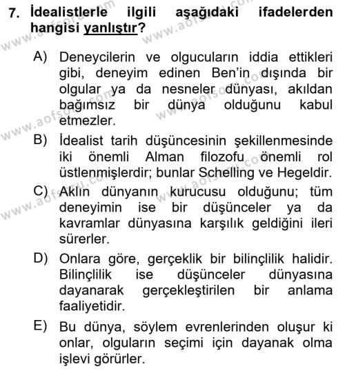 Tarih Felsefesi Dersi 2022 - 2023 Yılı Yaz Okulu Sınavı 7. Soru