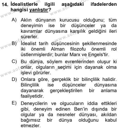 Tarih Felsefesi Dersi 2023 - 2024 Yılı (Vize) Ara Sınavı 14. Soru