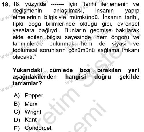 Tarih Felsefesi Dersi 2023 - 2024 Yılı (Vize) Ara Sınavı 18. Soru