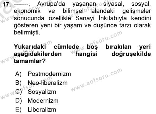 Tarih Felsefesi Dersi 2023 - 2024 Yılı (Final) Dönem Sonu Sınavı 17. Soru