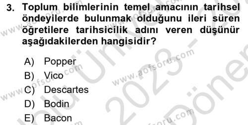 Tarih Felsefesi Dersi 2023 - 2024 Yılı (Final) Dönem Sonu Sınavı 3. Soru