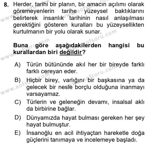 Tarih Felsefesi Dersi 2023 - 2024 Yılı Yaz Okulu Sınavı 8. Soru