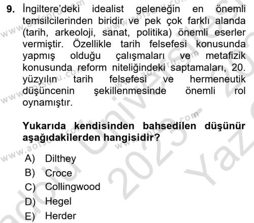 Tarih Felsefesi Dersi 2023 - 2024 Yılı Yaz Okulu Sınavı 9. Soru