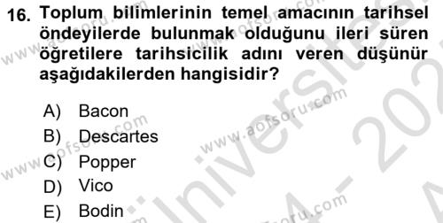 Tarih Felsefesi Dersi 2024 - 2025 Yılı (Vize) Ara Sınavı 16. Soru