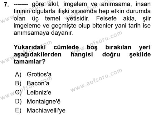 Tarih Felsefesi Dersi 2024 - 2025 Yılı (Vize) Ara Sınavı 7. Soru