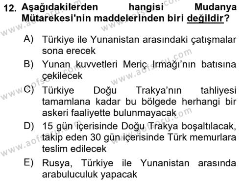 Milli Mücadele Tarihi Dersi 2022 - 2023 Yılı Yaz Okulu Sınavı 12. Soru