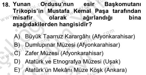 Milli Mücadele Tarihi Dersi 2022 - 2023 Yılı Yaz Okulu Sınavı 18. Soru