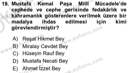 Milli Mücadele Tarihi Dersi 2022 - 2023 Yılı Yaz Okulu Sınavı 19. Soru