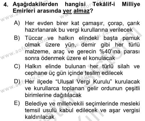 Milli Mücadele Tarihi Dersi 2022 - 2023 Yılı Yaz Okulu Sınavı 4. Soru