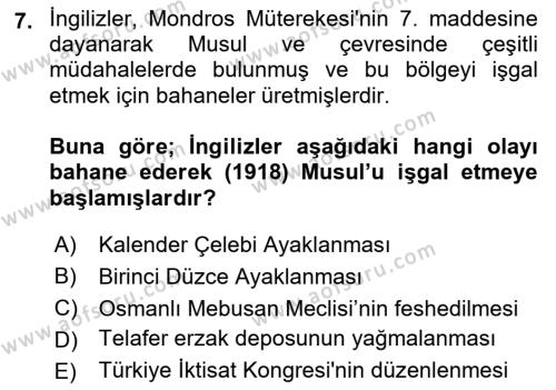 Milli Mücadele Tarihi Dersi 2022 - 2023 Yılı Yaz Okulu Sınavı 7. Soru